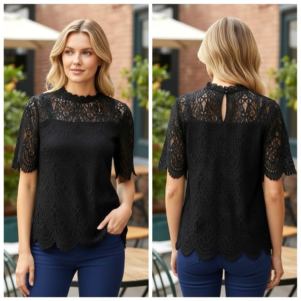 Zara Lace Top Black Short Sleeve Mock Neck Scalloped Hem Whimsigoth Old Money